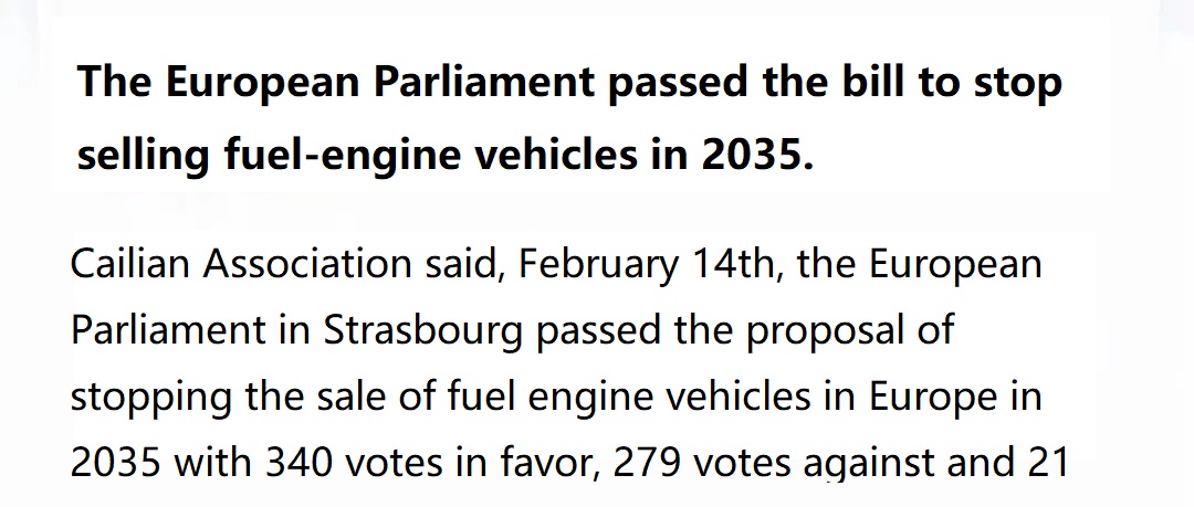 EU confirms ban on new fuel vehicles in 2035.